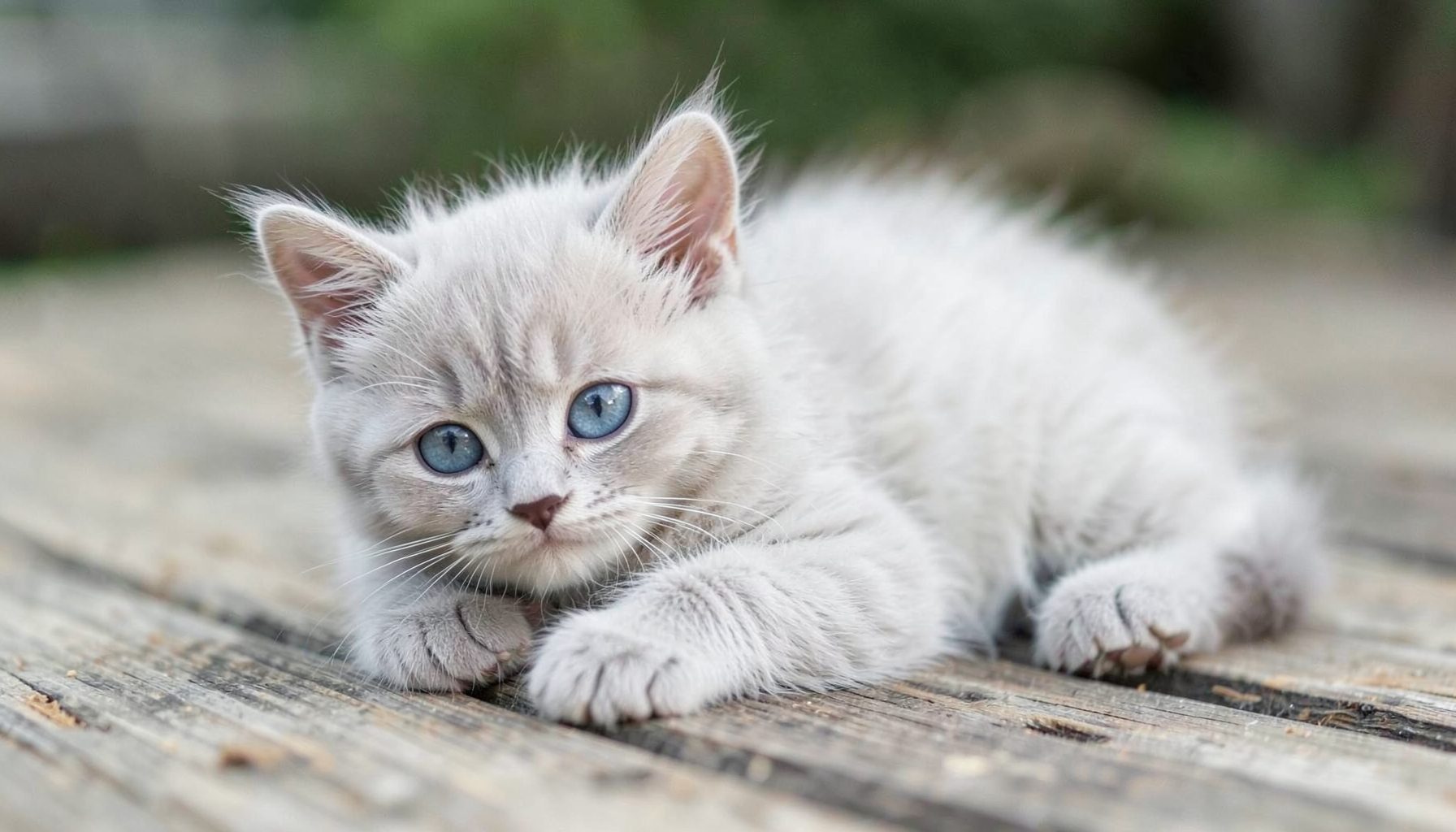 Fluffy pale gray kitten with blue eyes lying on wooden planks in a gentle, calm setting